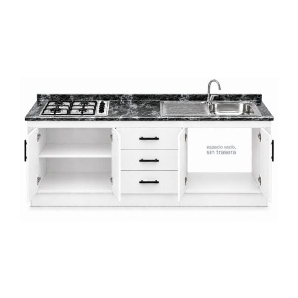 Mueble Base de Cocina Nórdico con Encimera Mademsa, Cajonera y Lavaplatos con Secador 200x50 cm