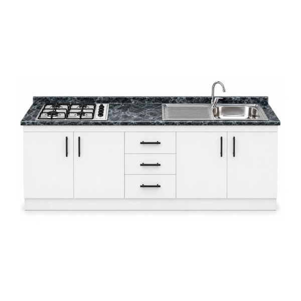 Mueble Base de Cocina Nórdico con Encimera Mademsa, Cajonera y Lavaplatos con Secador 200x50 cm
