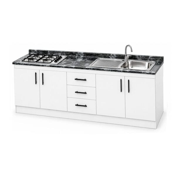 Mueble Base de Cocina Nórdico con Encimera Mademsa, Cajonera y Lavaplatos con Secador 200x50 cm