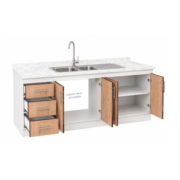 LPE-4P3C2PZ-200_Mueble-Lavaplatos-Empotrado-Nordico-2-Pozos-Escurridor-4-Puertas-3-Cajones-Con-Griferia-200x90x50-Cm_abierto Mueble Lavaplatos Empotrado 2 Pozos Escurridor 4 Puertas 3 Cajones Con Griferia 200x90x50 Cm